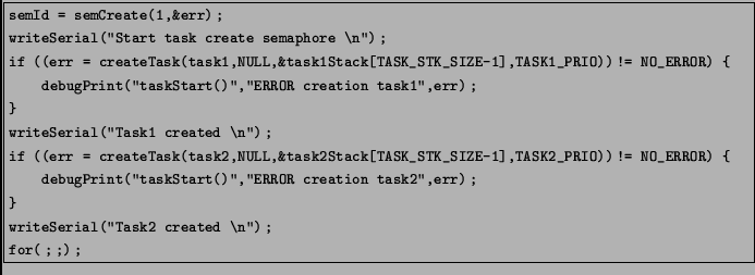 \fbox{\begin{minipage}{15cm}
\begin{footnotesize}
\texttt{semId = semCreate(1,\&...
...sk2 created \textbackslash n'');\\
for(;;);
}
\end{footnotesize}\end{minipage}}