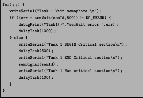 \fbox{\begin{minipage}{10cm}
\begin{footnotesize}
\texttt{for(;;) \{\\
\hspace*...
...} delayTask(100);\\
\hspace*{0,5cm}\}\\
\}
}
\end{footnotesize}\end{minipage}}