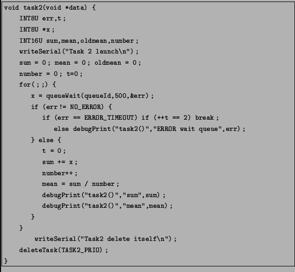 \fbox{\begin{minipage}{12,5cm}
\begin{footnotesize}
\texttt{void task2(void *dat...
...space*{0,5cm} deleteTask(TASK2\_PRIO);\\
\}
}
\end{footnotesize}\end{minipage}}